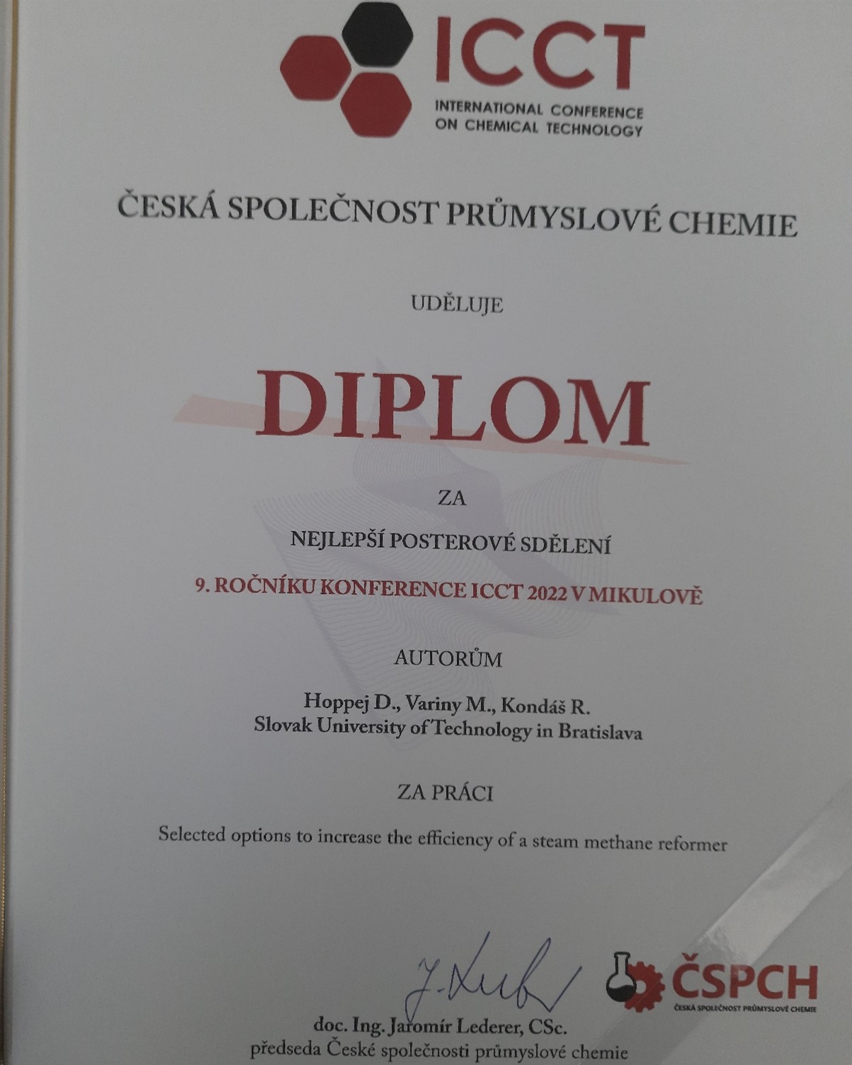 Diplom za najlepší poster na konferencii ICCT 2022