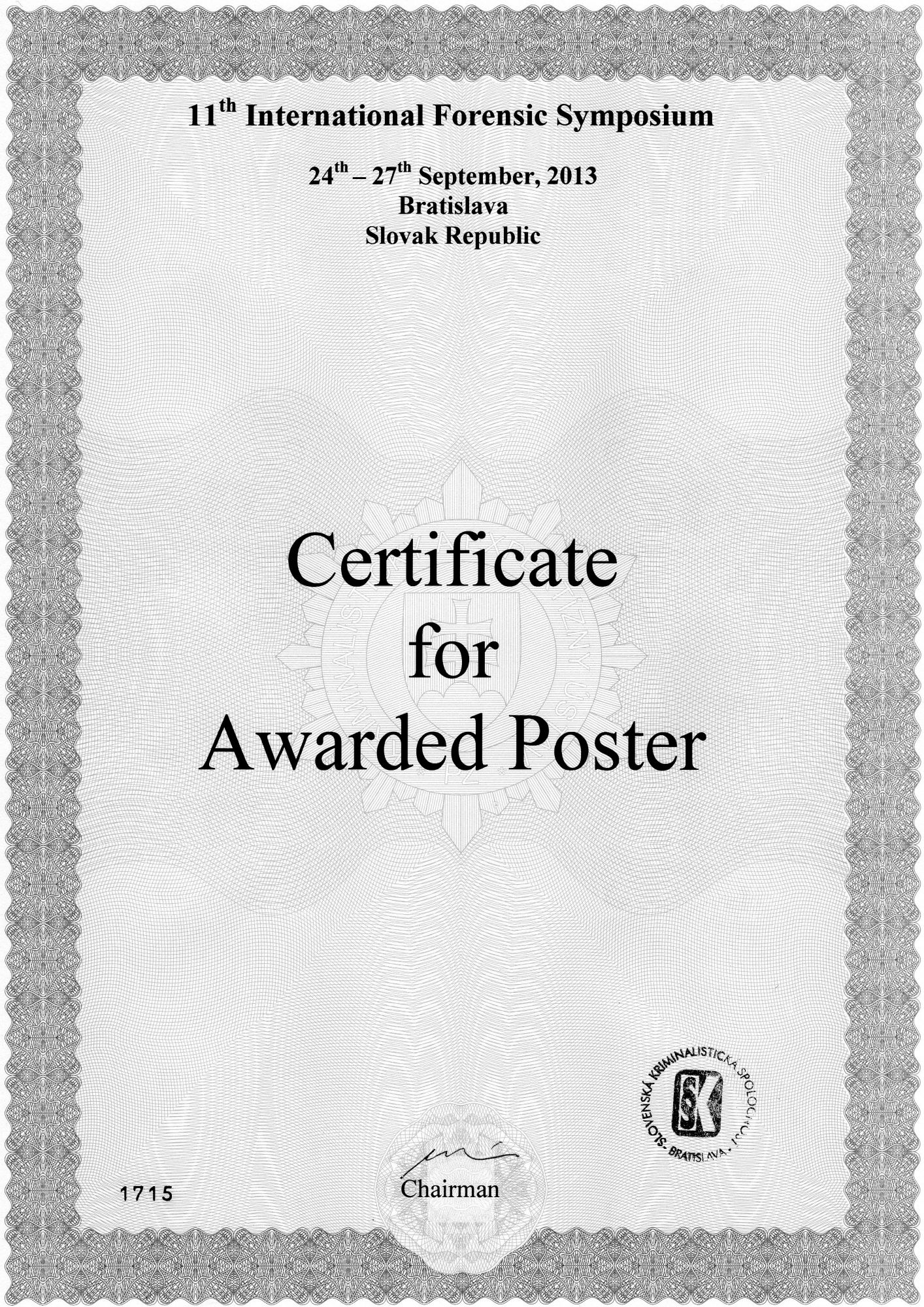 Certificate for awarded poster